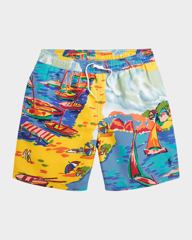 Boy's Seaside Village-Print Swim Shorts, Size S-X